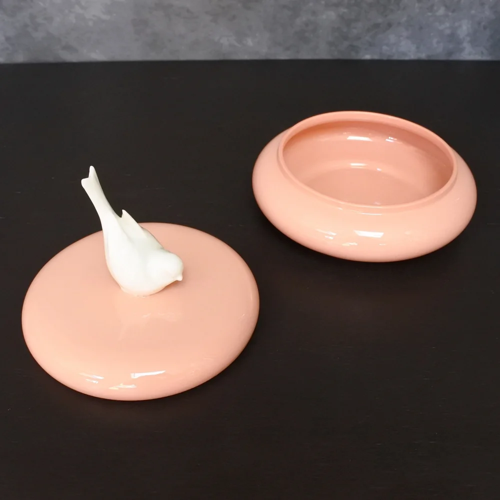 Vintage 1930s Lenox China Bird Coral Pink White Powder Trinket Box Candy Dish